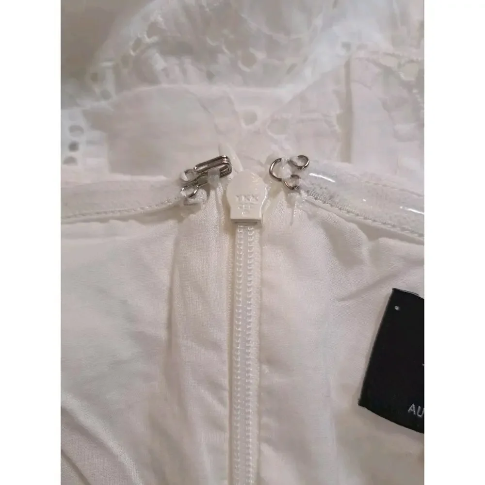 Bardot Womens 6 Babydoll Dress Sofia Eyelet Mini White Revolve Lace Off Shoulder - Picture 11 of 12